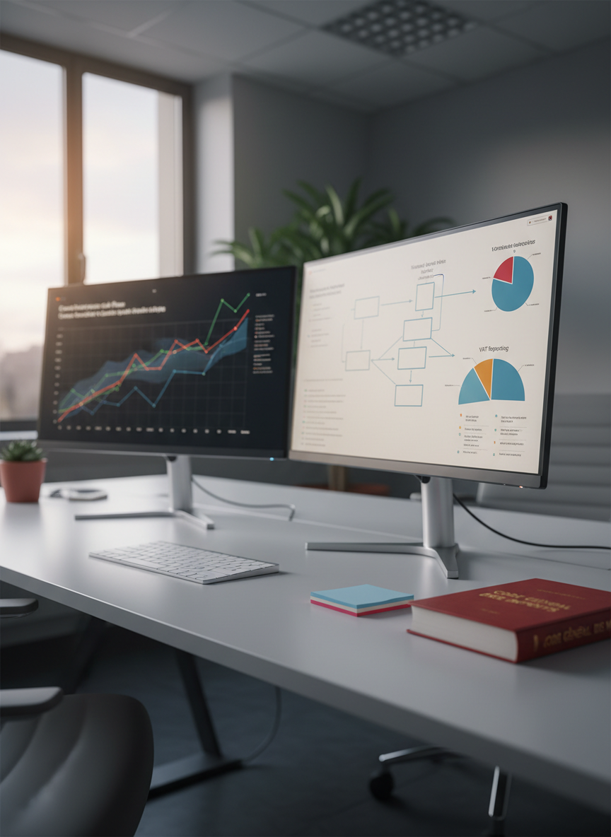 A sleek dual-monitor workstation on a clean, light grey desk displaying detailed graphs of cross-border cash flows, international tax residency diagrams, and VAT reporting dashboards, all slightly blurred to avoid readable data. A closed French code général des impôts with a red cover sits to one side, accompanied by a neat stack of tricolour sticky notes and a slim wireless keyboard. Soft, cool-toned artificial office lighting combines with faint evening light from a nearby window, creating balanced, shadow-free illumination. Photographic realism, shot from a three-quarter angle with moderate depth of field, placing emphasis on the screens and code book. The mood is modern, technological, and precise, highlighting the integration of digital tools with deep expertise in international tax compliance and structuring.