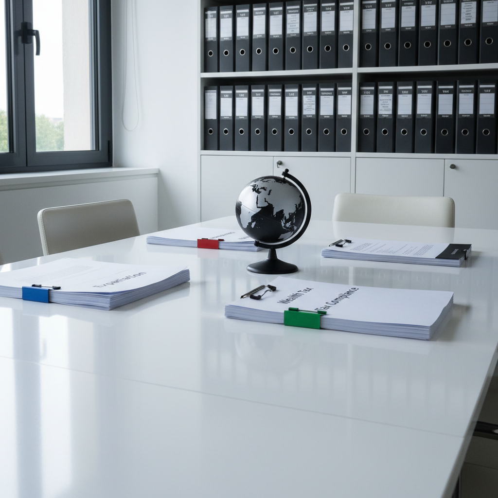A polished white meeting table in a minimalist, high-end office, covered with carefully arranged documents labeled “Expatriation,” “Impatriation,” “Wealth Tax,” and “Tax Compliance,” each clipped with different colored metal clips. A small, matte-black globe highlighting Europe and France stands prominently in the center, symbolizing international reach. Behind, tall shelves hold uniform dark binders with gold-embossed labels about VAT, transfer pricing, and tax litigation. Cool, even daylight from a side window illuminates the scene, producing soft reflections on the tabletop. Photographic realism, captured from a slightly elevated, wide-angle perspective, with sharp focus throughout. The composition is balanced and orderly, evoking clarity, rigor, and global perspective in international tax law advisory.