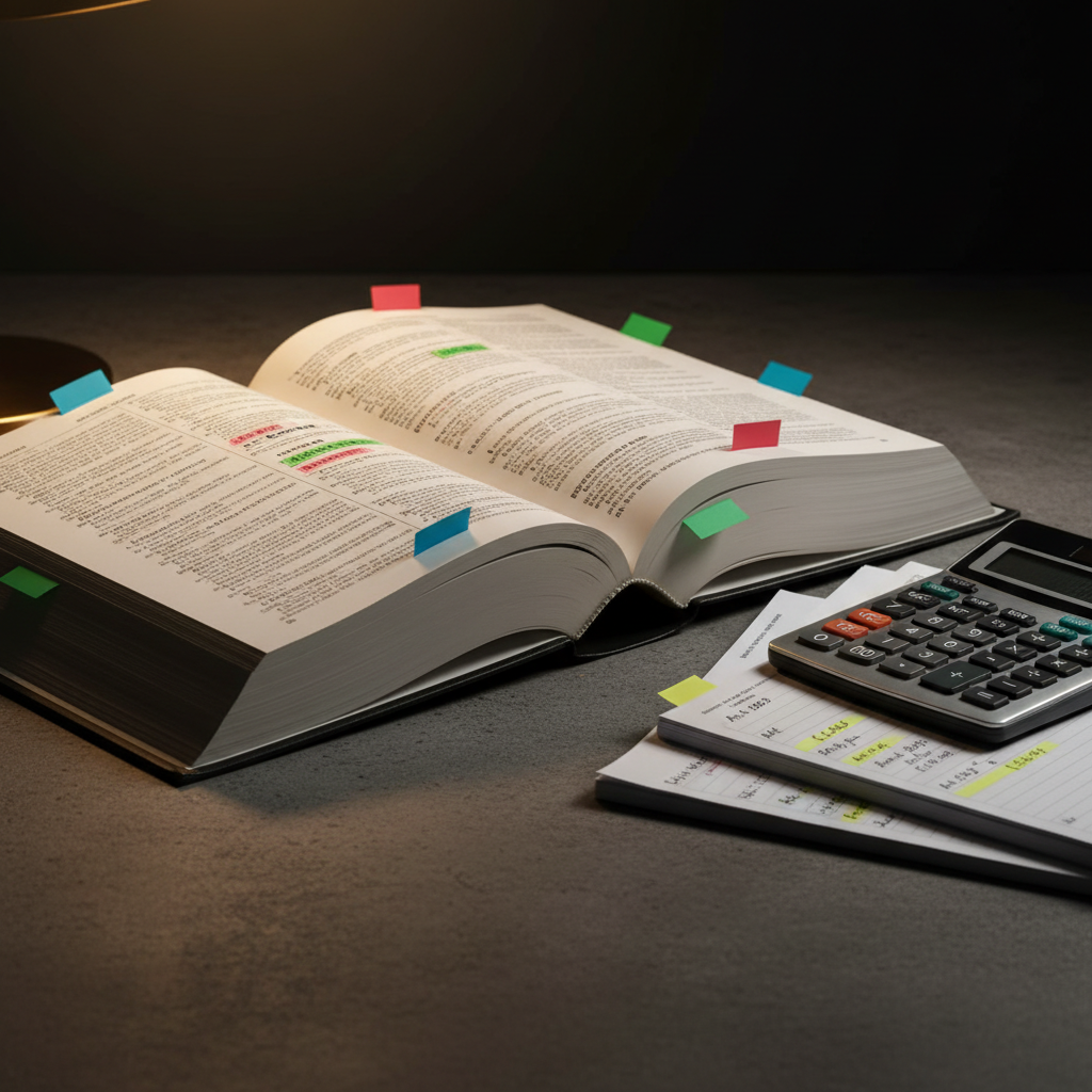 A dramatic close-up of an open legal code book in French on a dark stone surface, its thin pages gently curved, with colored sticky tabs marking key sections on transfer pricing and tax procedures. Beside it lies a precision metal calculator with a brushed steel finish and a neat stack of annotated case law printouts stapled in the corner. Focused desk lamp lighting from the upper left creates a pool of warm light across the text, leaving the surrounding area subtly in shadow. Photographic realism, shot from a low angle along the page lines, creating a sense of depth and seriousness. The mood is intense, meticulous, and studious, suggesting rigorous preparation for tax litigation or complex fiscal audits.