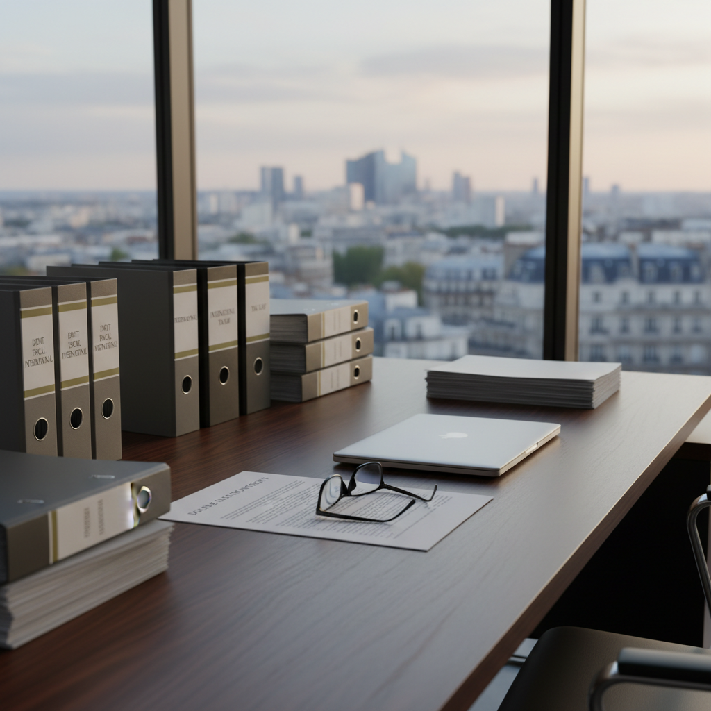 A meticulously organized dark walnut executive desk in a modern Parisian office, covered with neatly stacked legal binders stamped with “International Tax Law” in French and English, a closed silver laptop, and a pair of elegant black-framed reading glasses resting on a printed double tax treaty. Floor-to-ceiling windows reveal a softly blurred city skyline and distant office towers. Late afternoon natural light floods the room, creating crisp reflections on the smooth desk surface and subtle shadows beneath the documents. Photographic realism, shot at eye level with a shallow depth of field, emphasizing the documents and desktop while the background remains softly out of focus. The mood is professional, calm, and trustworthy, conveying high-level international tax expertise in a clean, modern setting.