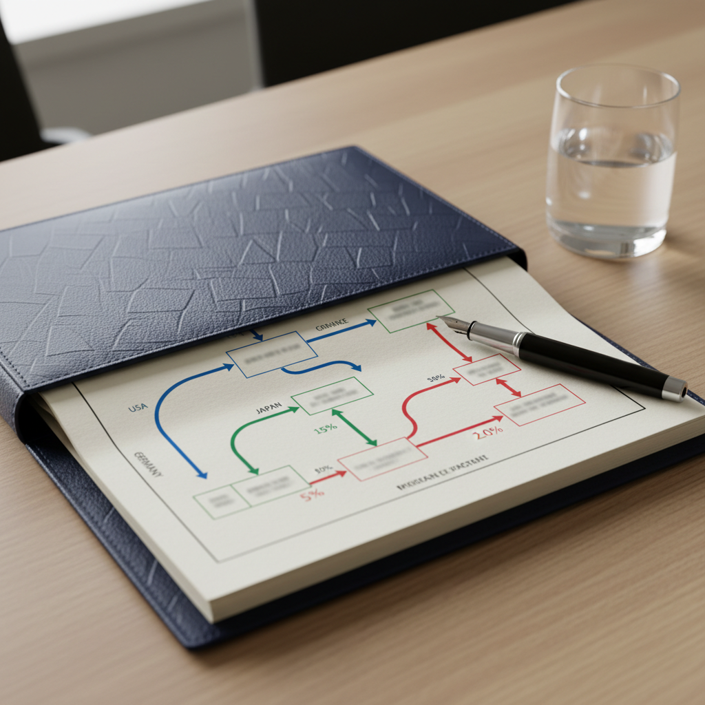 A close-up of a refined navy-blue leather portfolio lying open on a light oak conference table, displaying color-coded flowcharts of international tax structuring between France and several foreign jurisdictions, with arrows and percentages clearly visible but not legible. Next to it, a sleek black fountain pen rests diagonally, and a minimalist glass of water sits near the frame’s edge. Soft, diffused daylight from an unseen window creates gentle highlights on the leather grain and fine shadows between the pages. Photographic realism, shot from a slightly elevated angle using the rule of thirds, with the flowchart in sharp focus and the table edges subtly fading into bokeh. The atmosphere is analytical, precise, and sophisticated, suggesting strategic cross‑border tax planning for businesses and individuals.